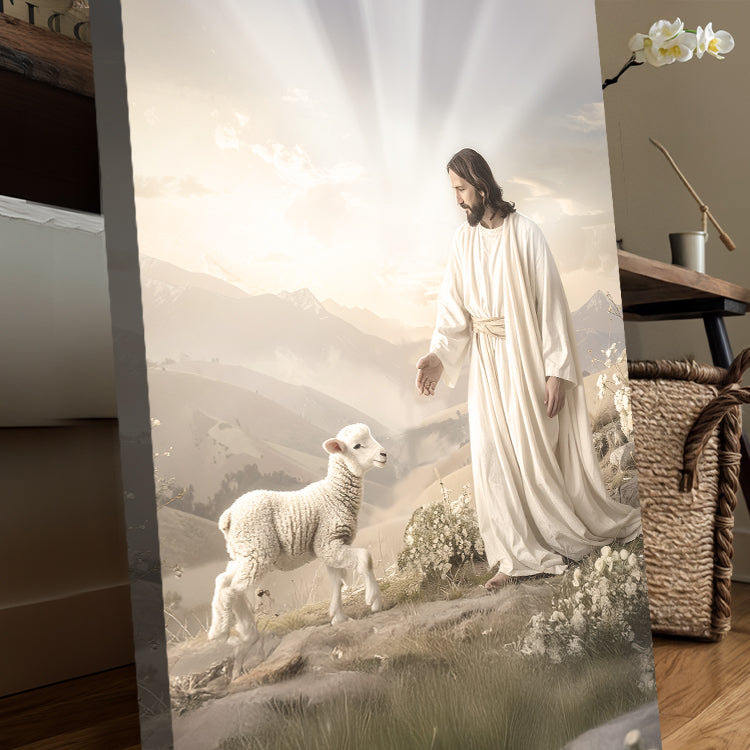 Faith wall art canvas with Jesus in a white robe beside a lamb in grass and flowers
