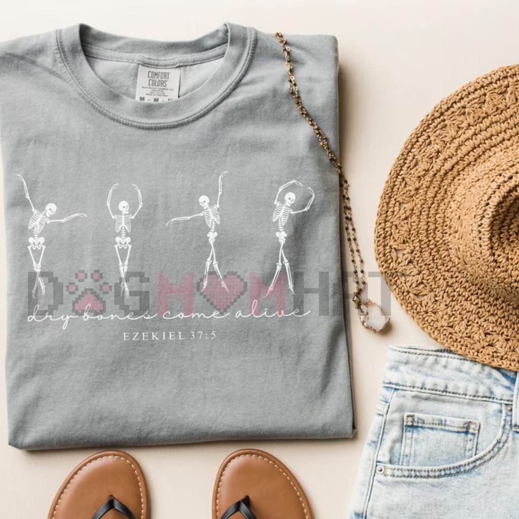 Gray T-shirt with white dancing skeletons graphic and heart pixel design