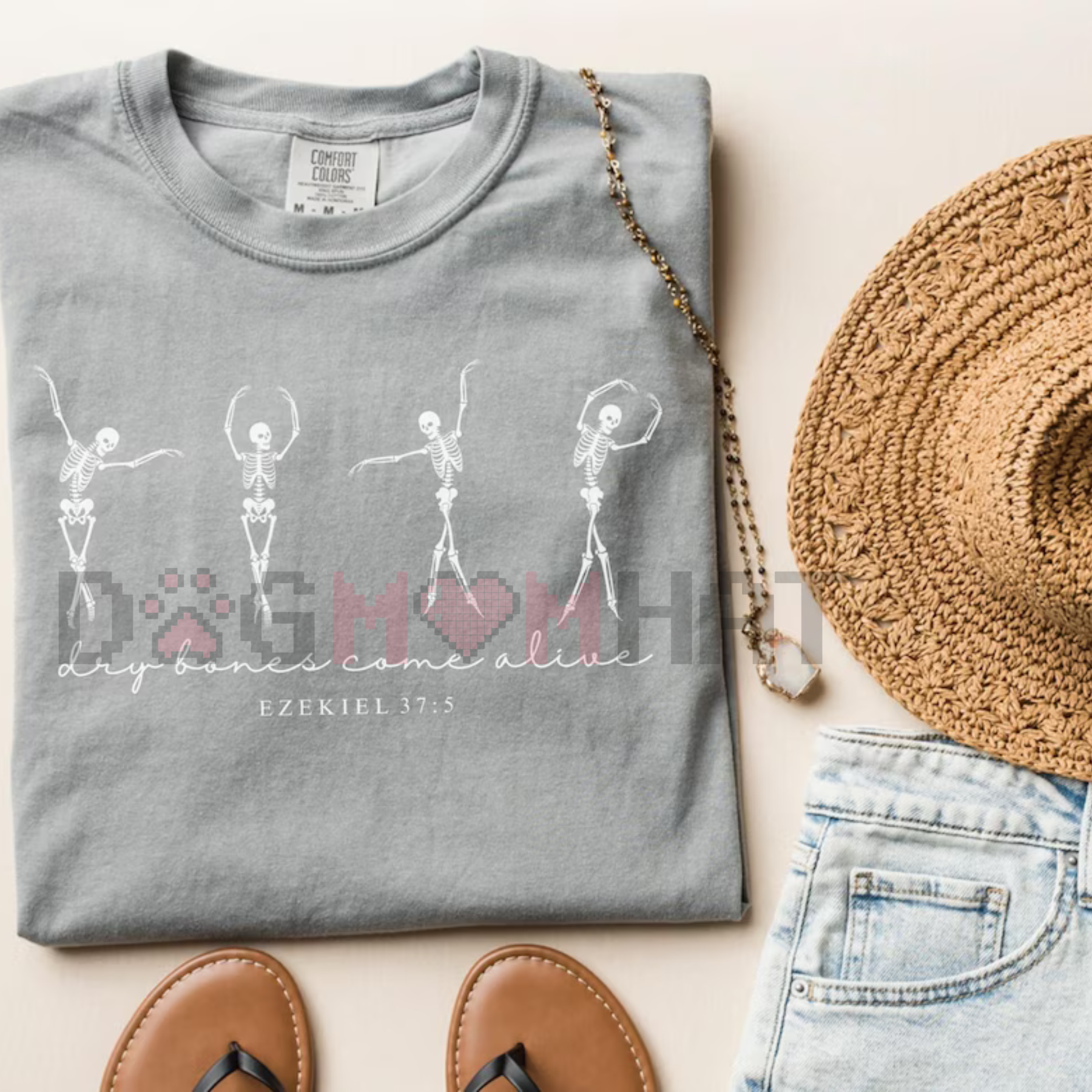 Gray T-shirt with white dancing skeletons graphic and heart pixel design