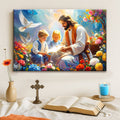 Faith wall art canvas showing Jesus reading with two children, flowers, and white doves