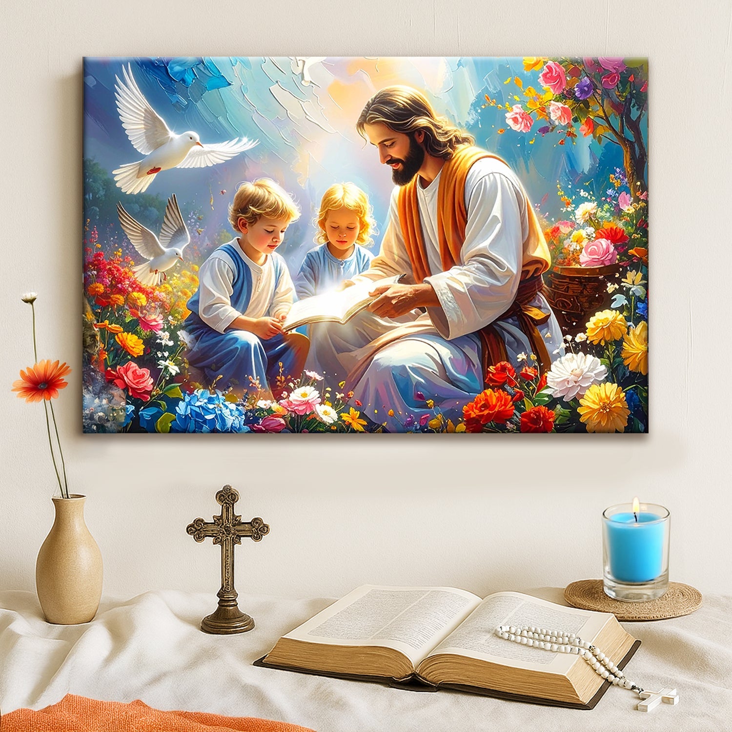 Faith wall art canvas showing Jesus reading with two children, flowers, and white doves