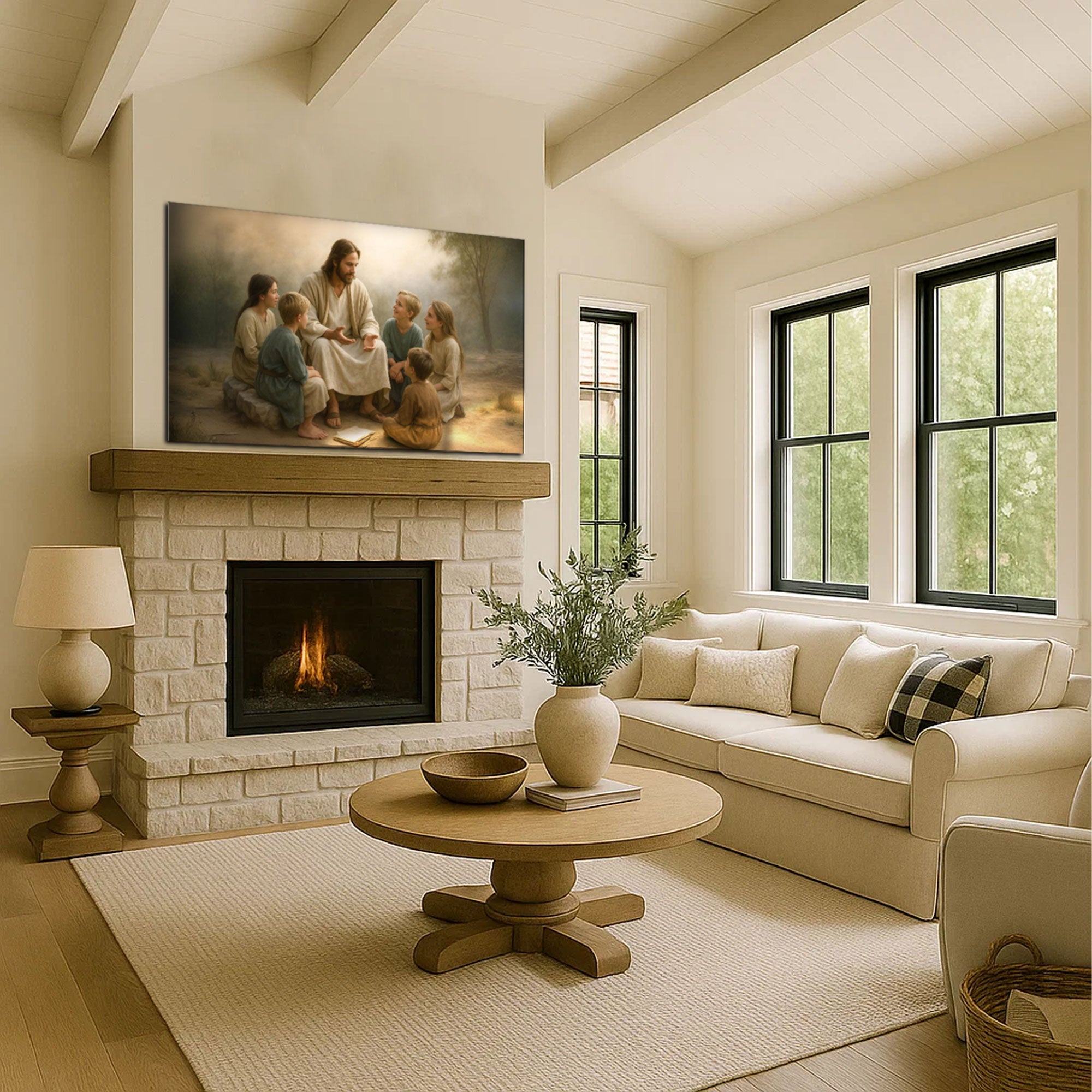 Framed wall art canvas showing Jesus with children seated together
