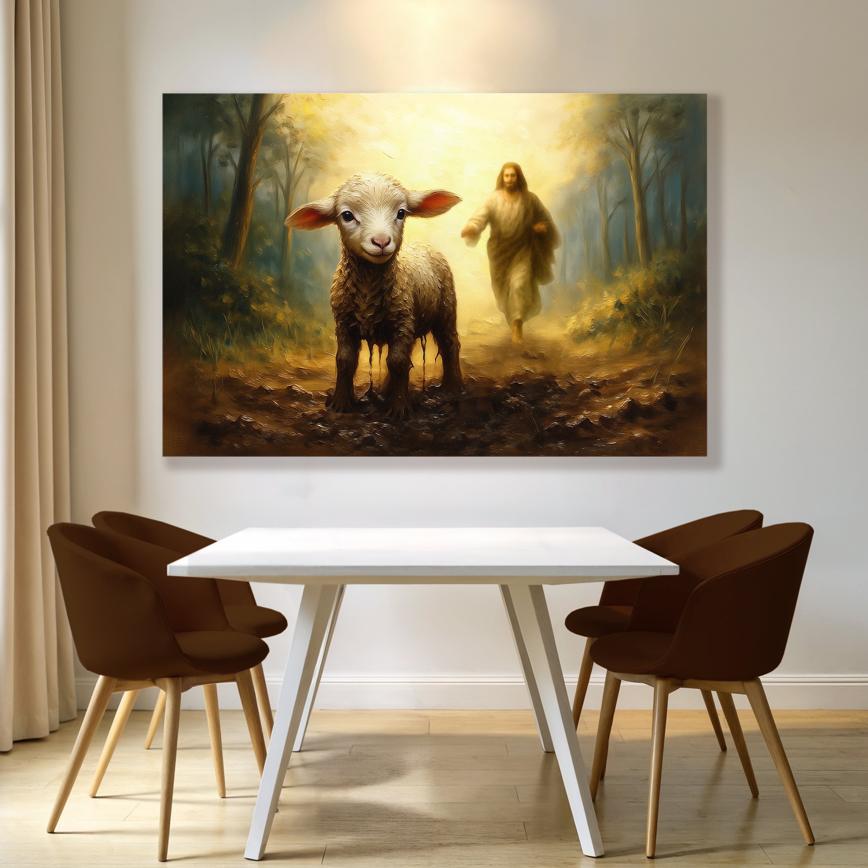 Religious wall art canvas showing a lamb and Jesus walking through a glowing forest