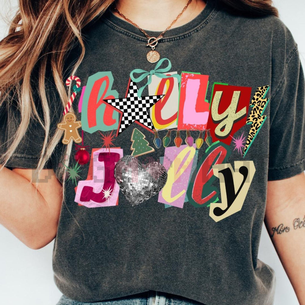 Dark heather gray T-shirt with colorful “Kreepy Jolly” text and disco-ball graphic