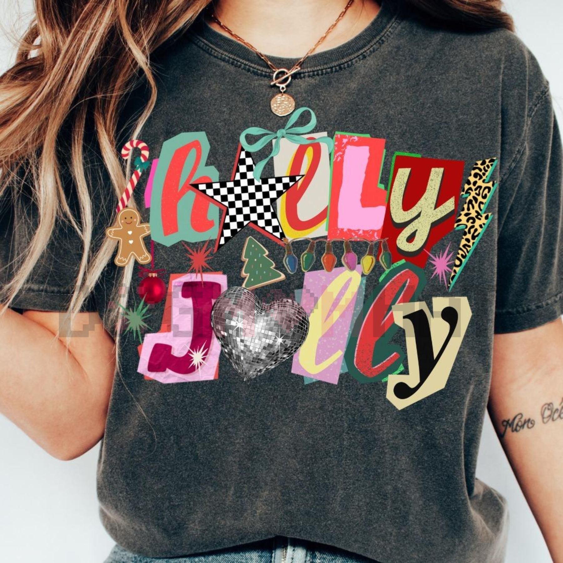 Dark heather gray T-shirt with colorful “Kreepy Jolly” text and disco-ball graphic