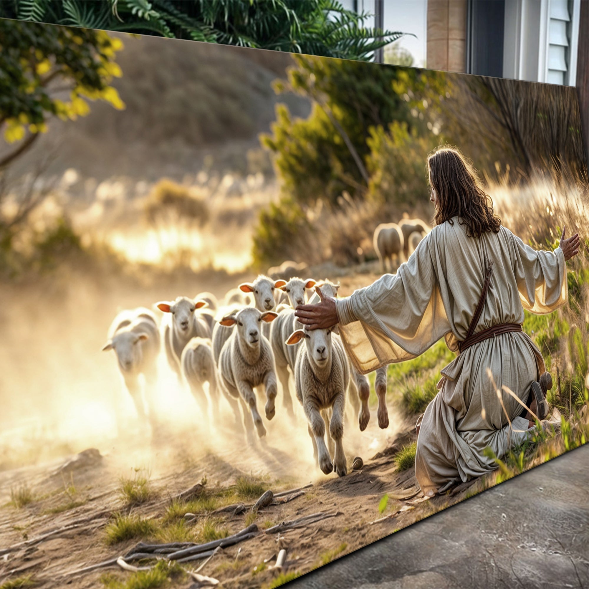 Landscape canvas wall art with a kneeling figure reaching out to a flock of sheep