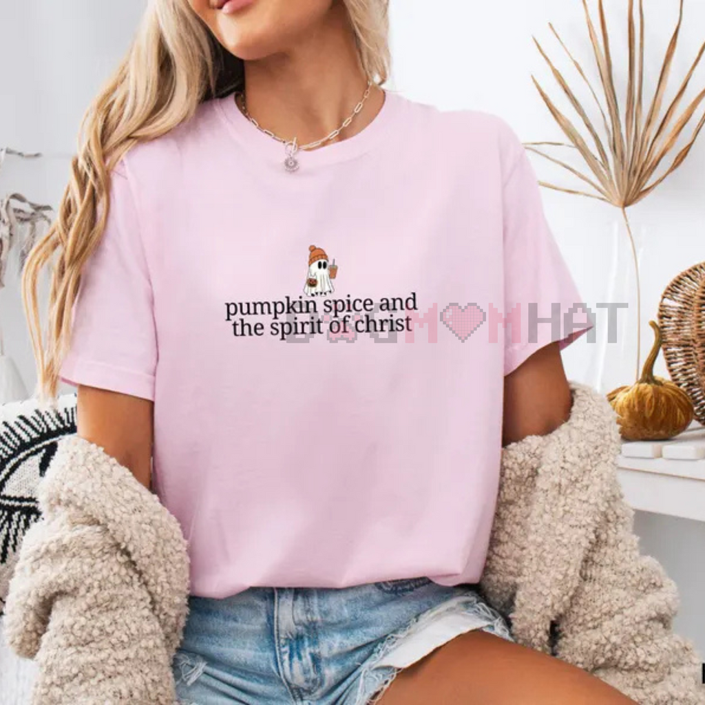 Women's lavender Halloween T-shirt with pumpkin spice and spirit of Christ graphic