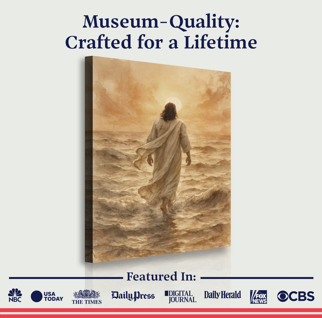 Faith wall art canvas of Jesus walking on water with warm sky tones