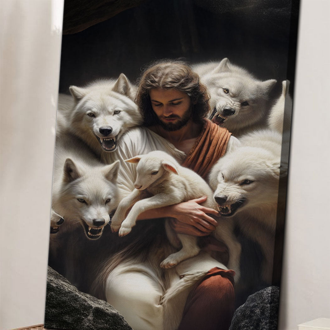 Close-up of vertical canvas wall art with Jesus holding a lamb and wolves around him