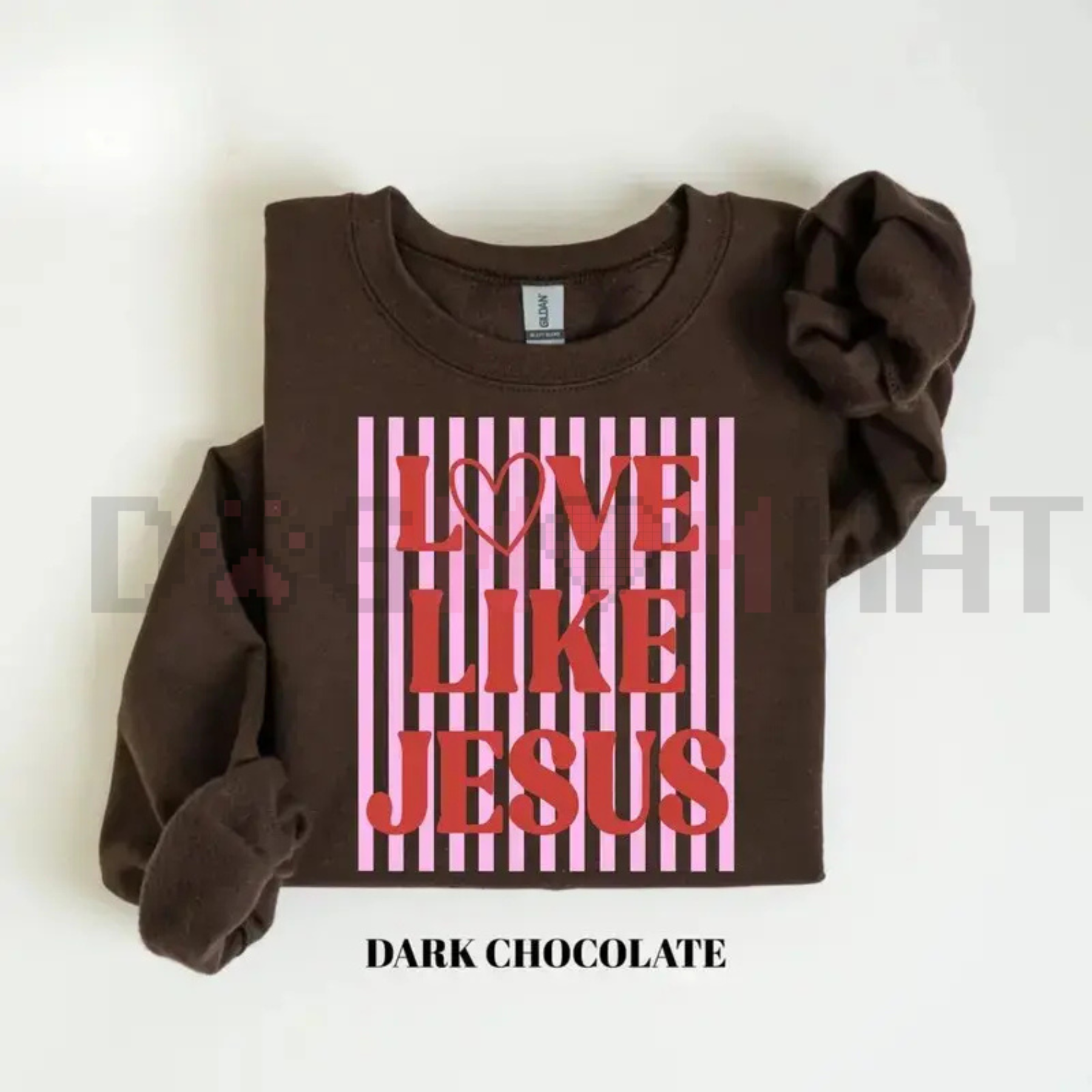 Dark chocolate valentine sweatshirt with Love Like Jesus graphic, crew neck and sleeve bow