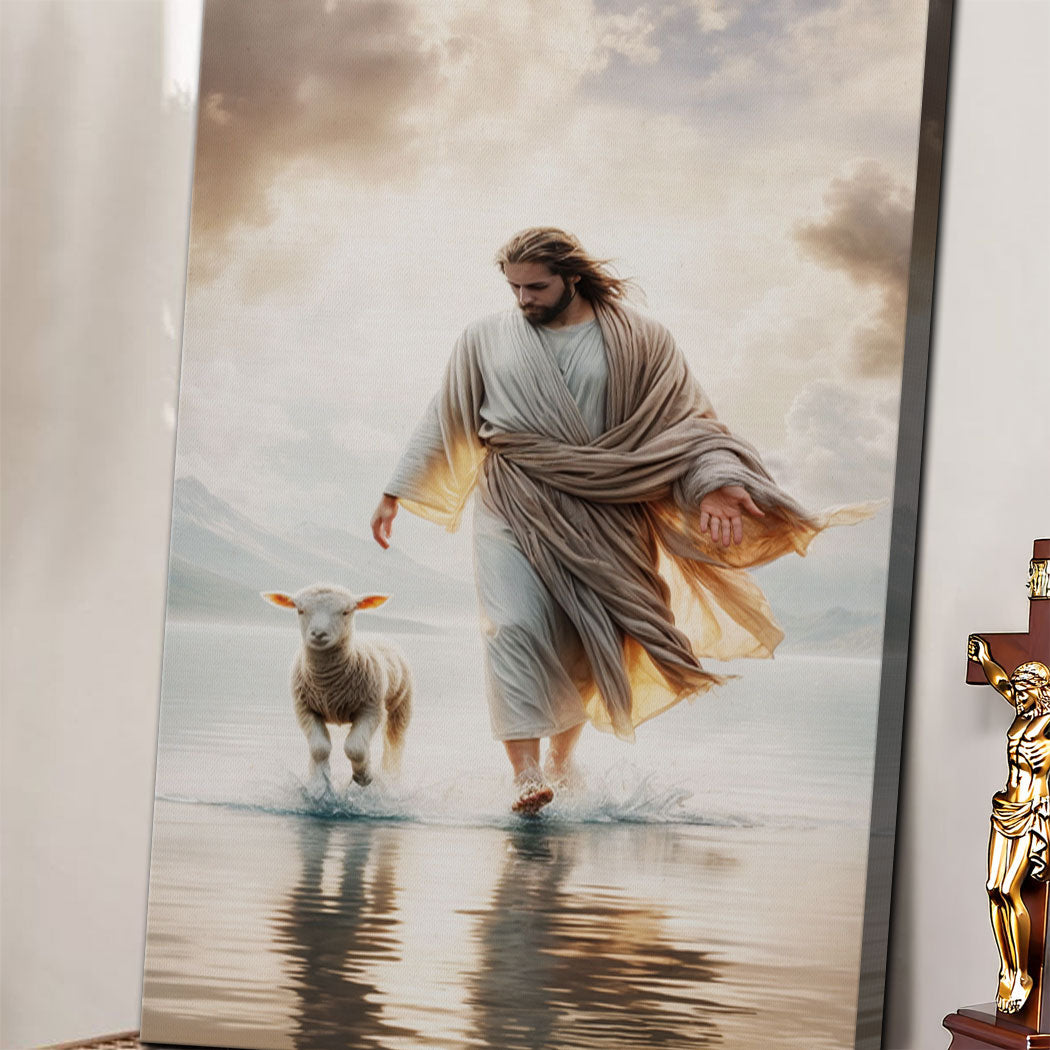 Landscape canvas wall art featuring Jesus in flowing robes with a lamb by reflective water