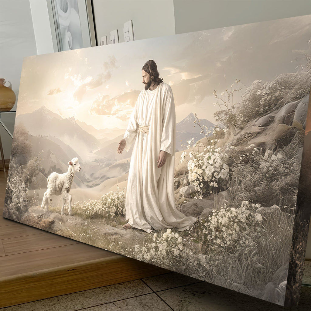 Large religious canvas art panel showing Jesus in a white robe with a lamb in mountains