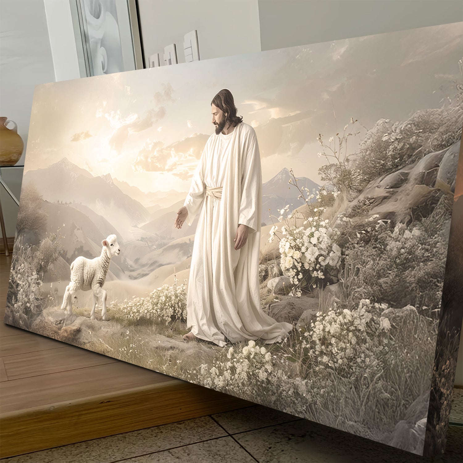 Large religious canvas art panel showing Jesus in a white robe with a lamb in mountains