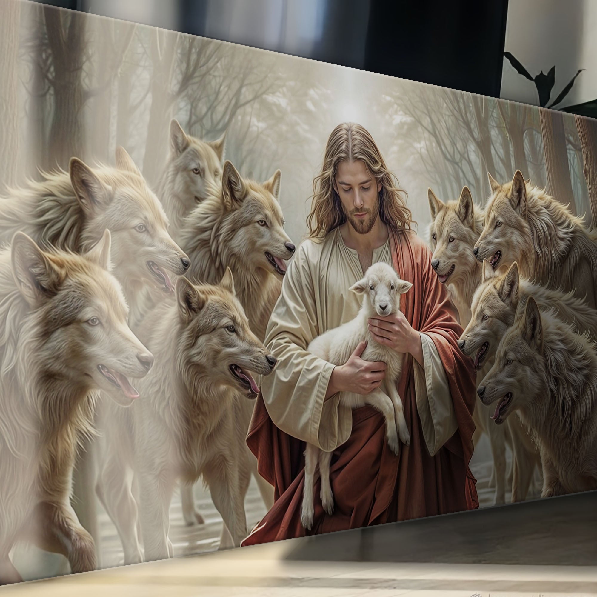Christian wall art canvas close-up of Jesus holding a white lamb among wolves