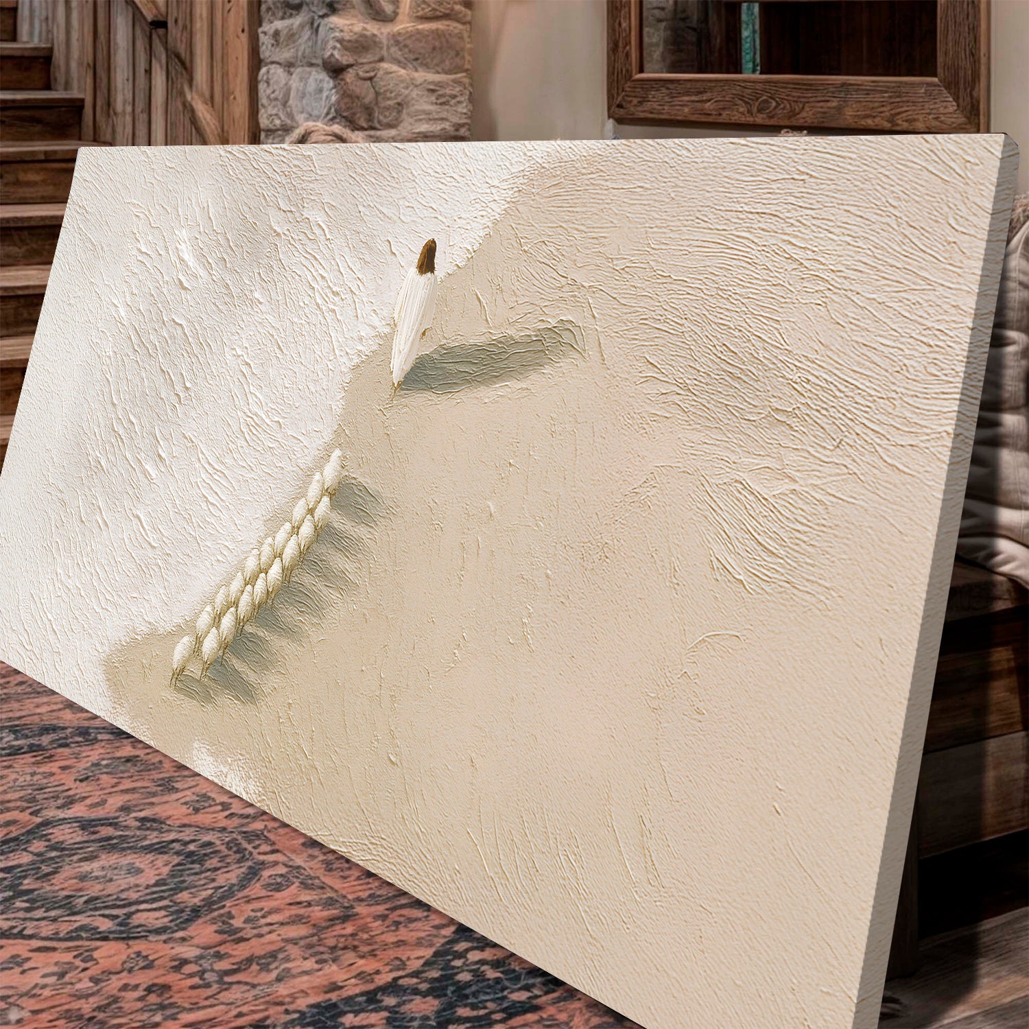 Landscape canvas wall art angled view with white figure and sheep on light beige