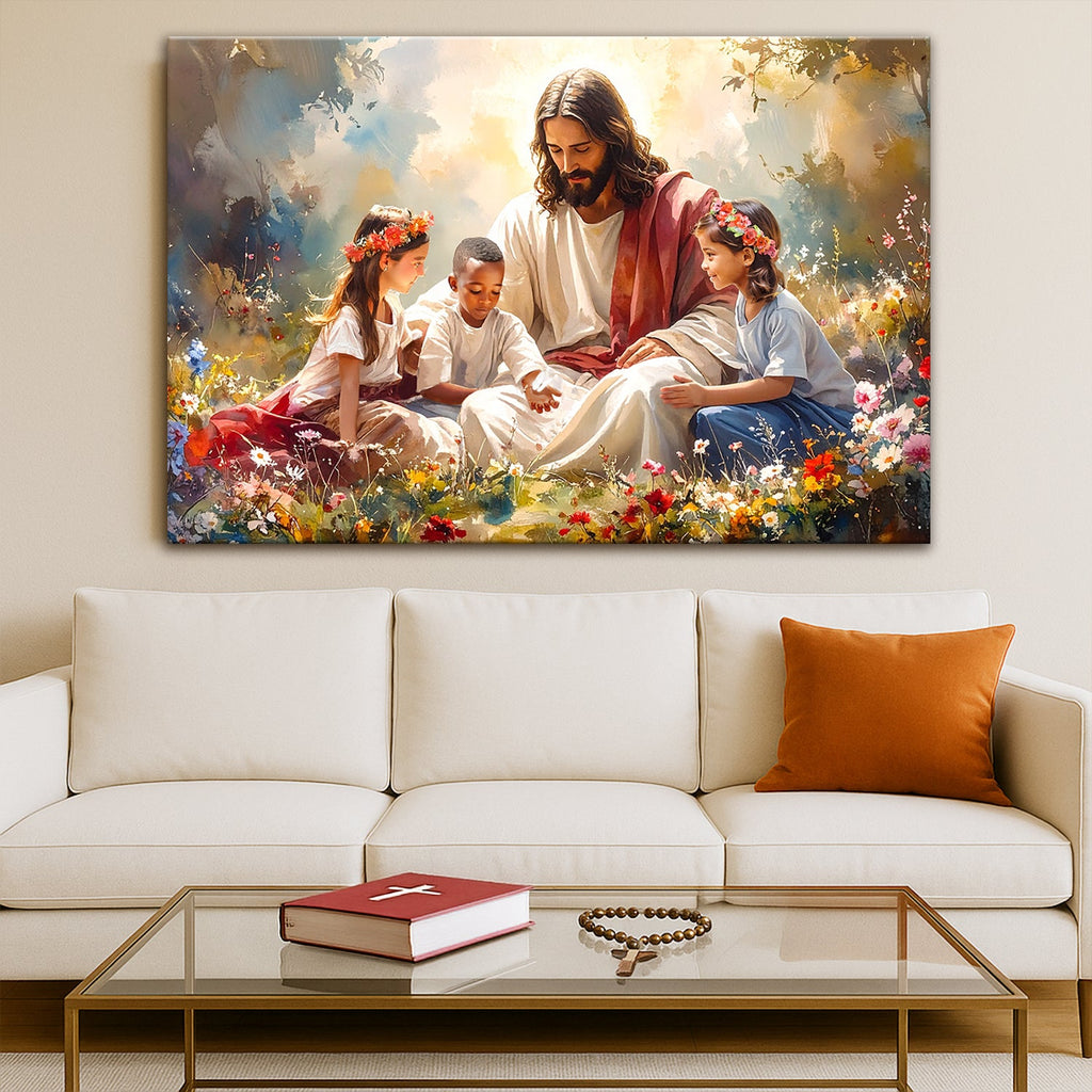 Wall canvas print of Jesus seated with children surrounded by flowers
