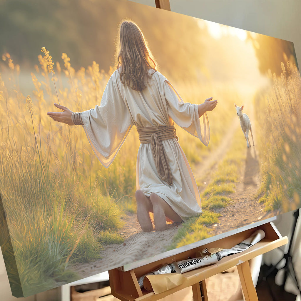 Landscape canvas wall art leaning on wooden support, featuring kneeling woman and lamb