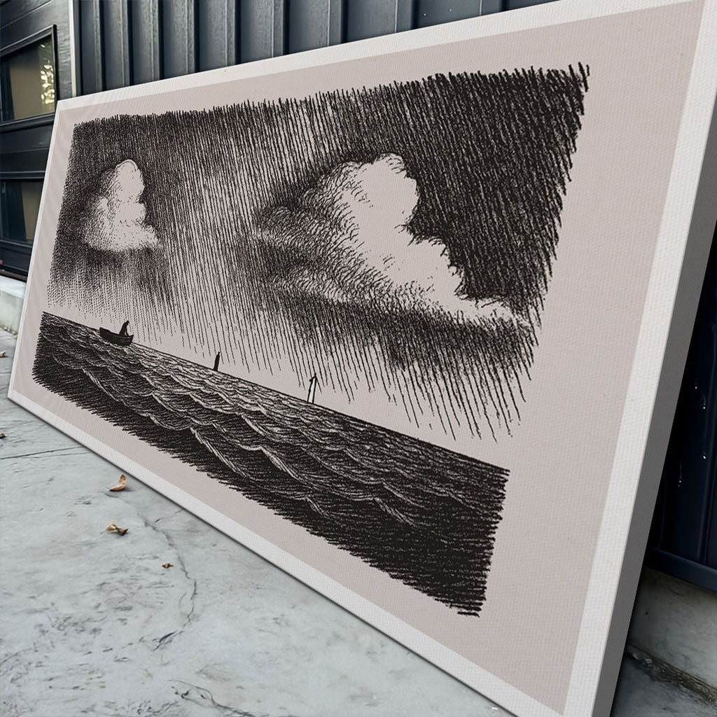 Framed monochrome canvas wall art showing Jesus walking on water, angled view