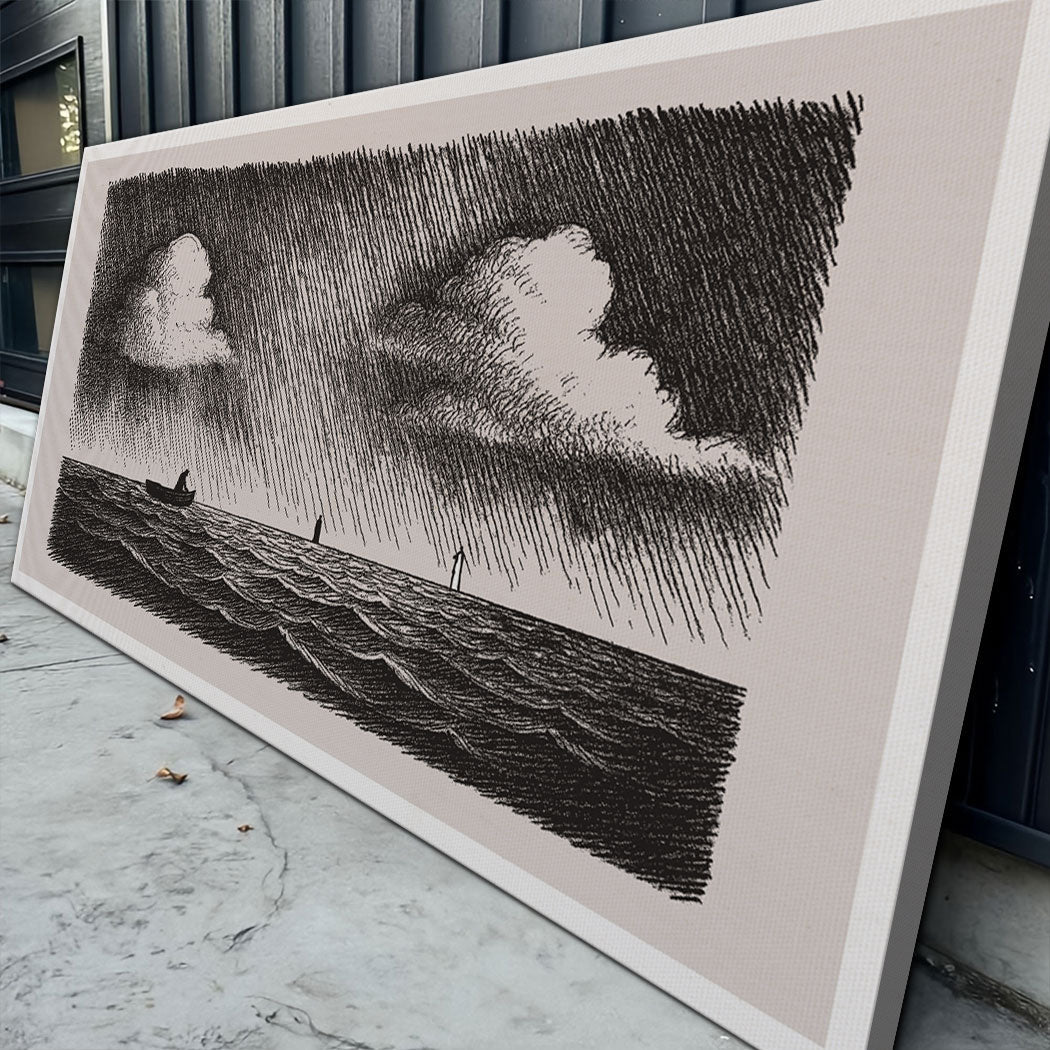 Framed monochrome canvas wall art showing Jesus walking on water, angled view