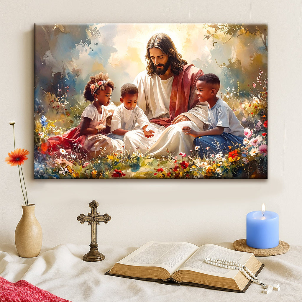 Faith canvas wall art of Jesus with children, with an open book and candle below.
