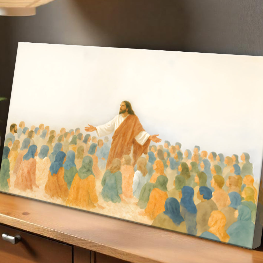 Close-up of landscape canvas wall art showing Jesus speaking to a crowd