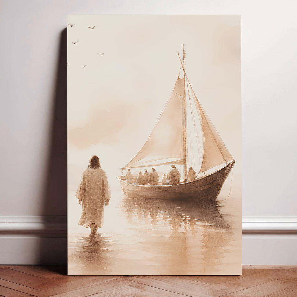 Faith-themed wall art canvas leaning against wall with robed figure and sailboat on water
