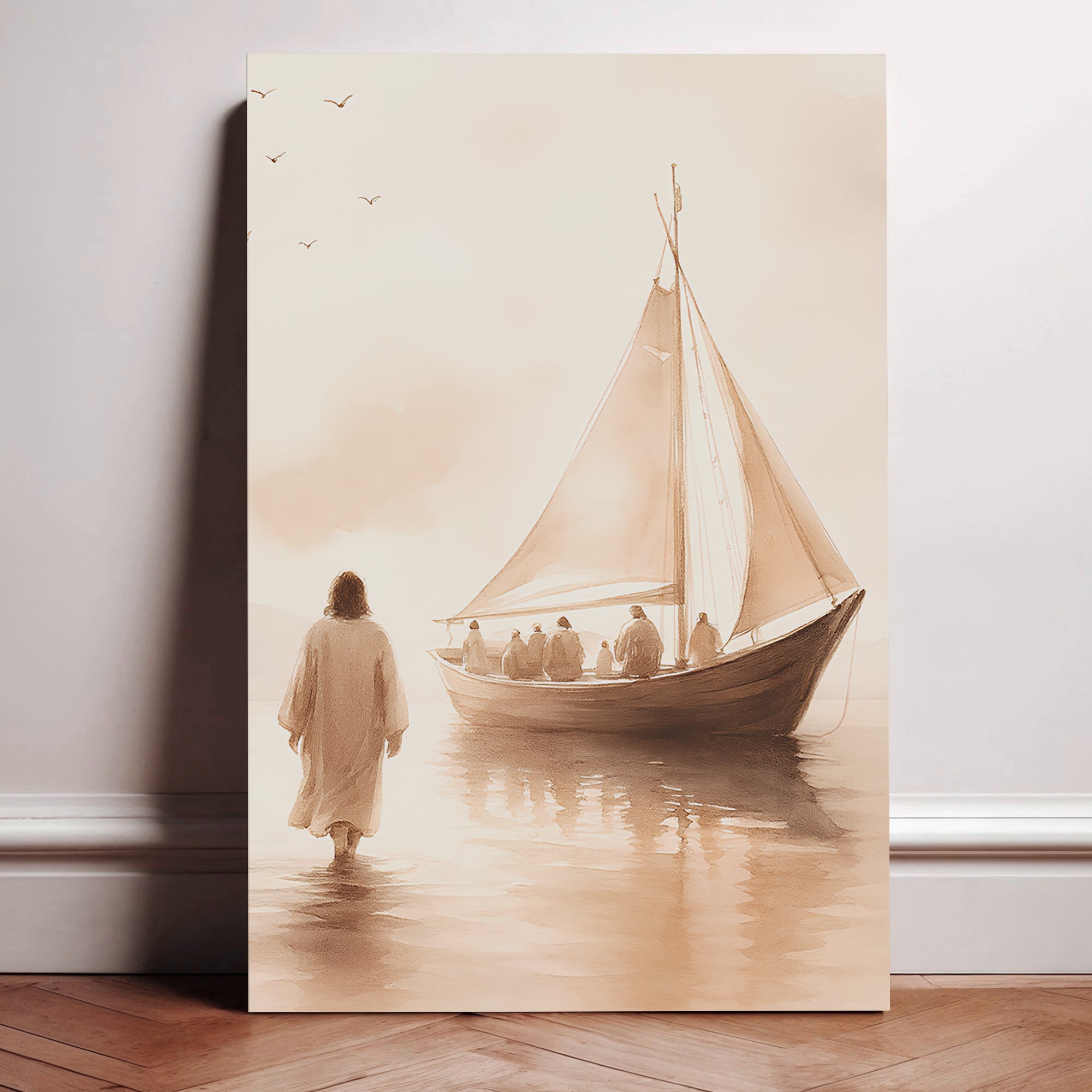 Faith-themed wall art canvas leaning against wall with robed figure and sailboat on water