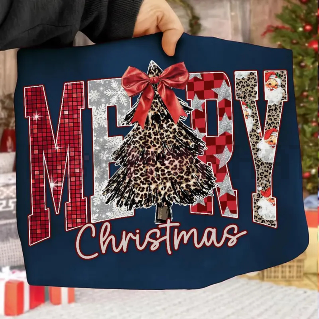 Navy Merry Christmas sweatshirt with bow, leopard tree graphic and 'Christmas' text
