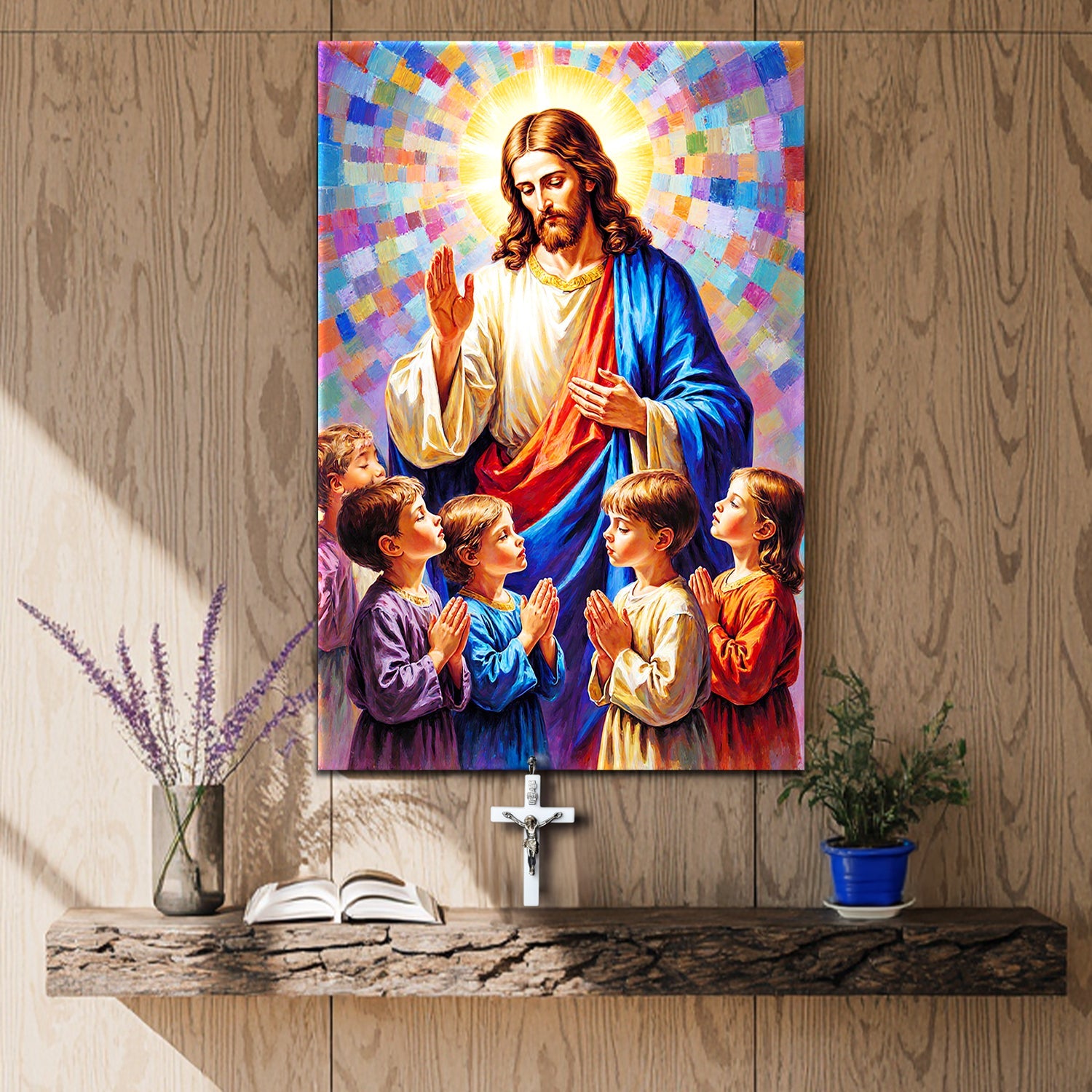 Jesus praying wall art with mosaic rays and five kneeling children, vertical framed canvas