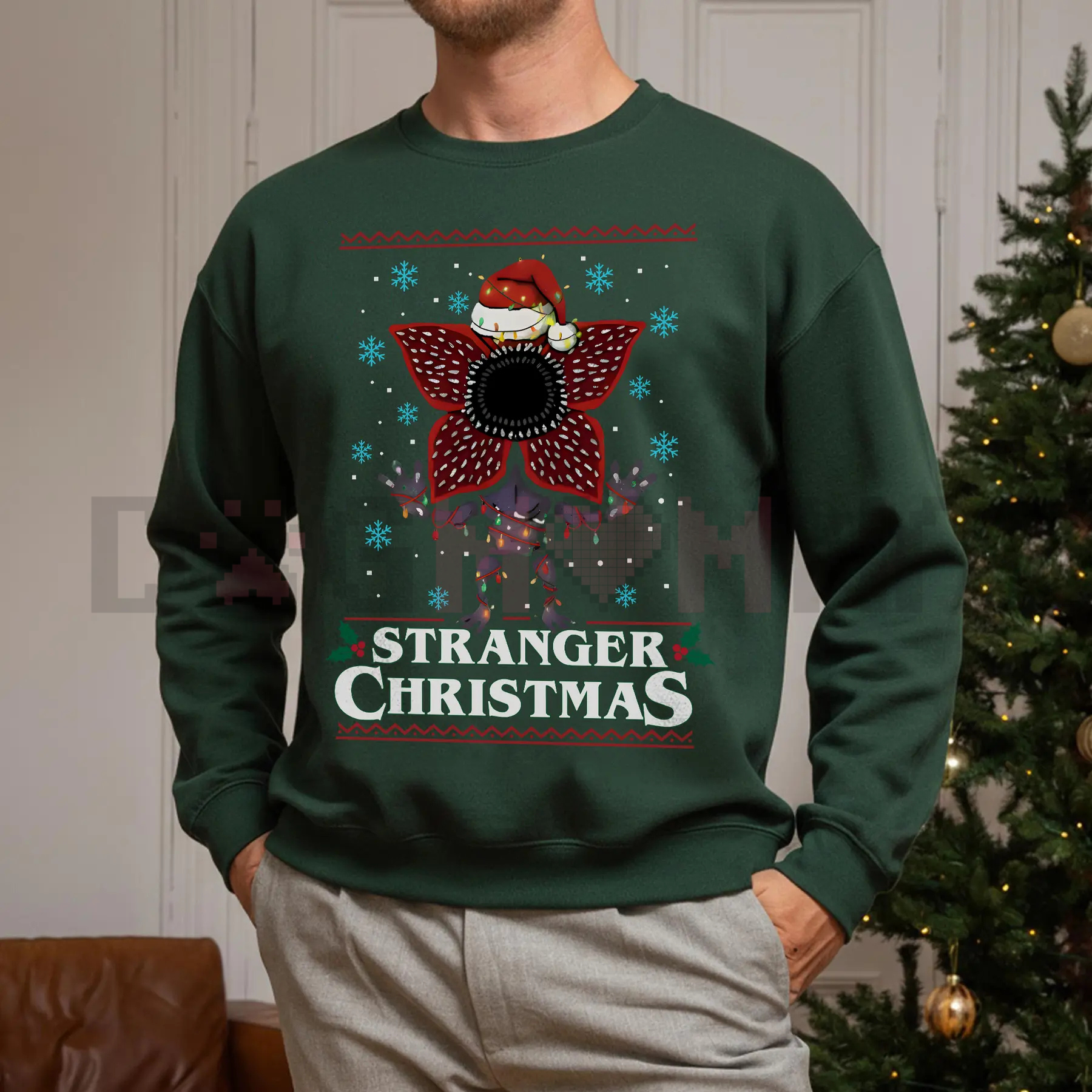 Stranger Christmas sweatshirt, dark green with red and blue holiday graphic front