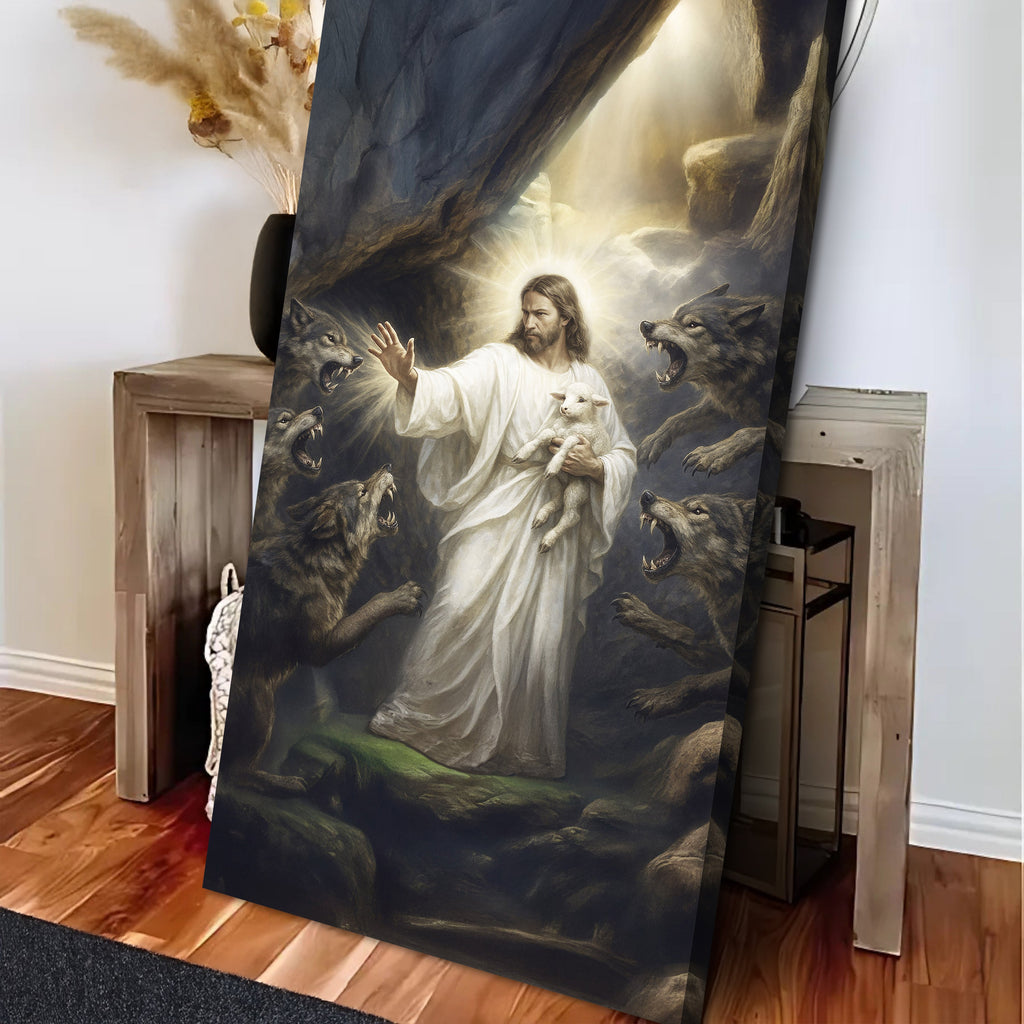 Jesus and lamb religious canvas wall art leaning against crates, wolves in background