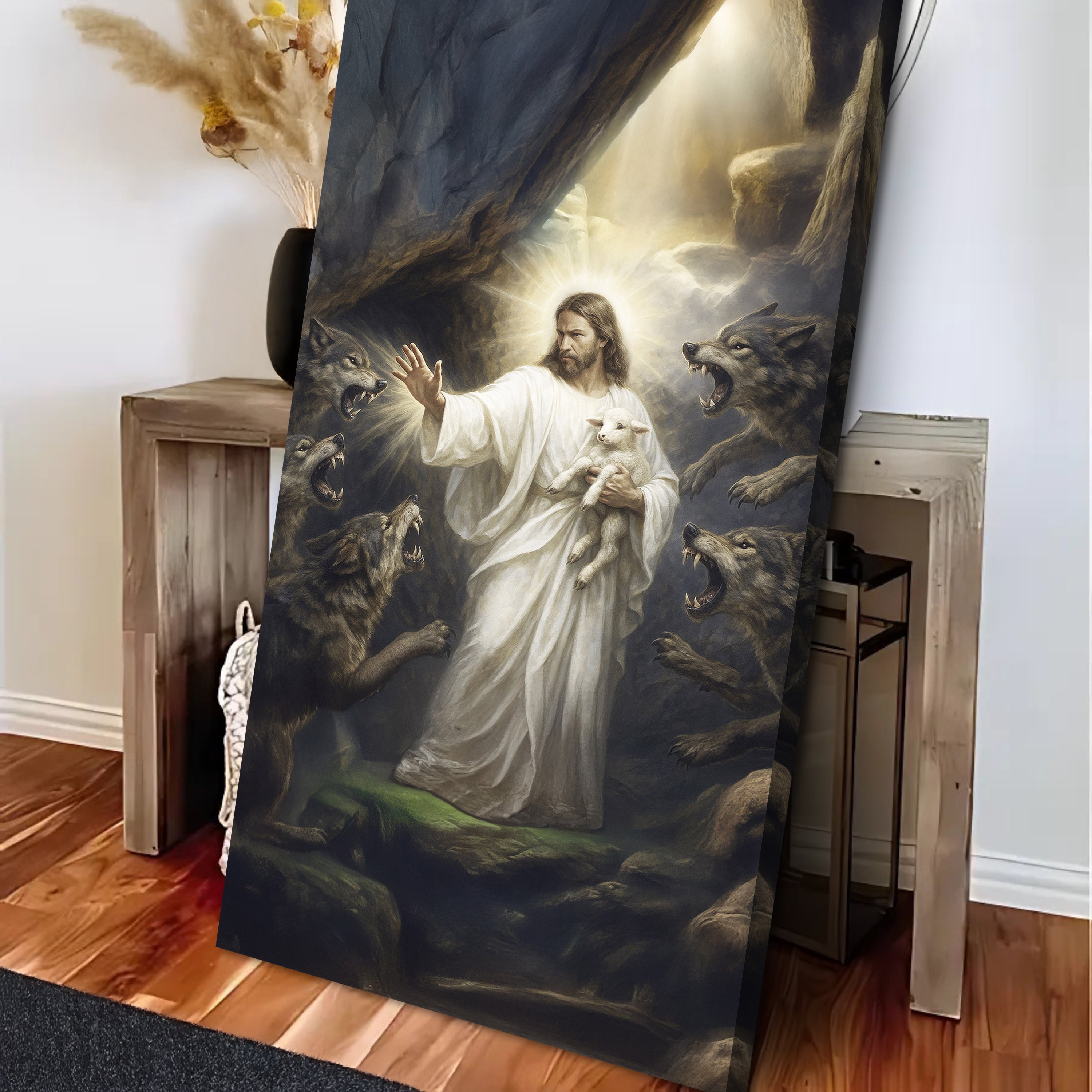 Jesus and lamb religious canvas wall art leaning against crates, wolves in background