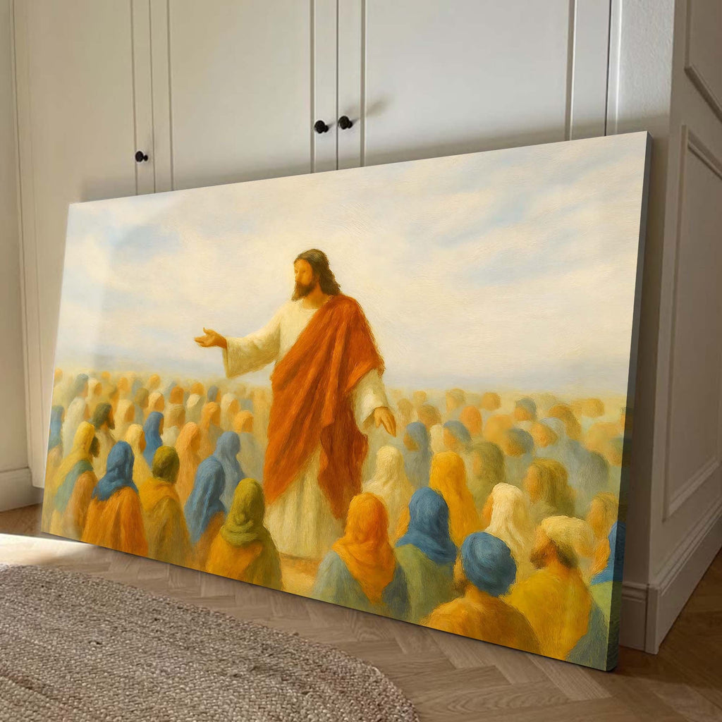 Large faith wall art canvas leaning against wall, showing Jesus in an orange robe
