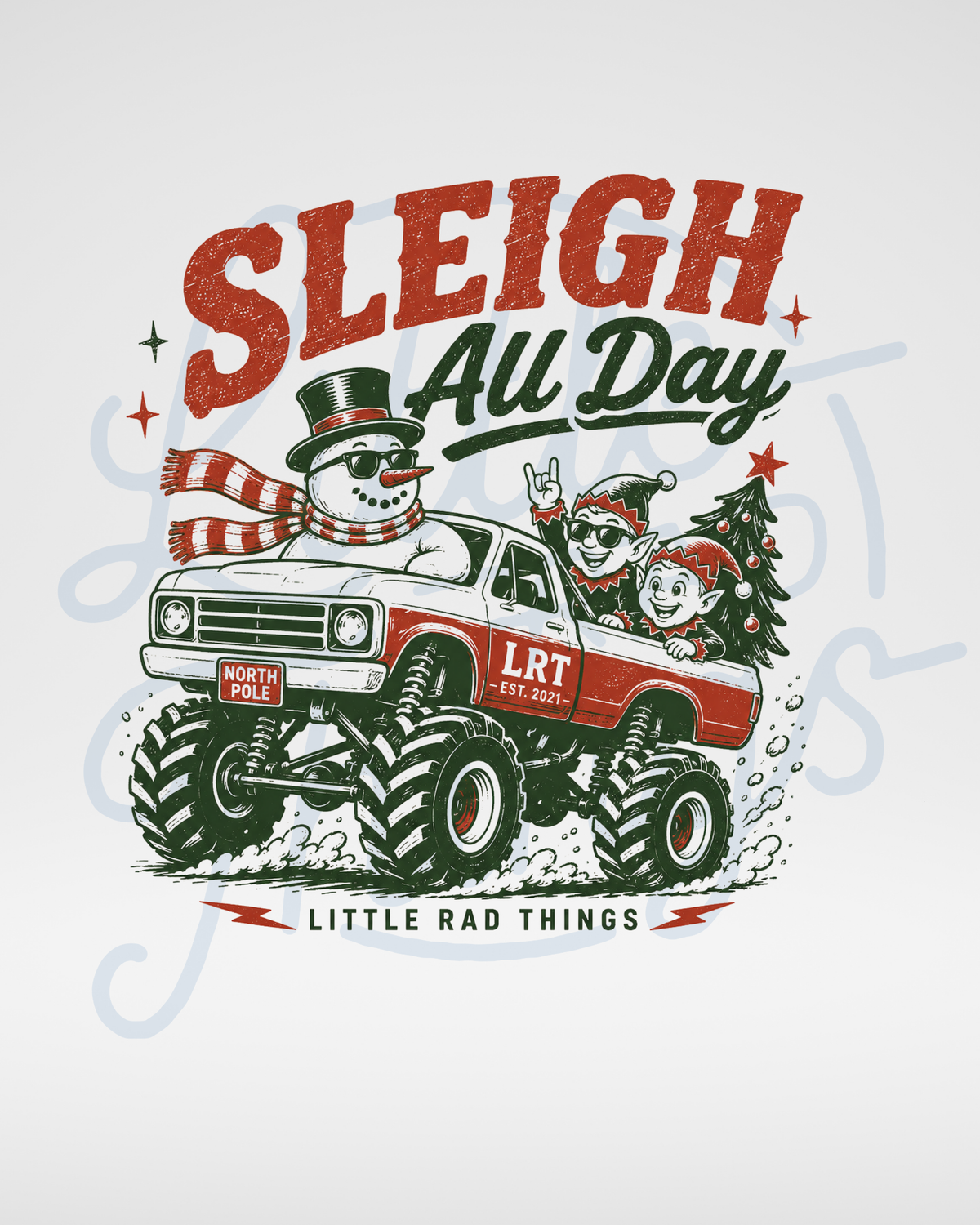 Close-up “Sleigh All Day” monster truck graphic on toddler Christmas t-shirt