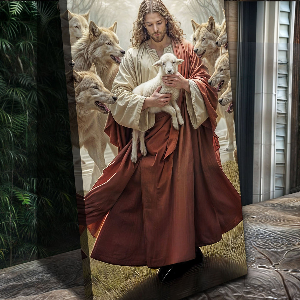 Faith wall art canvas close view of Jesus holding a white lamb with wolves