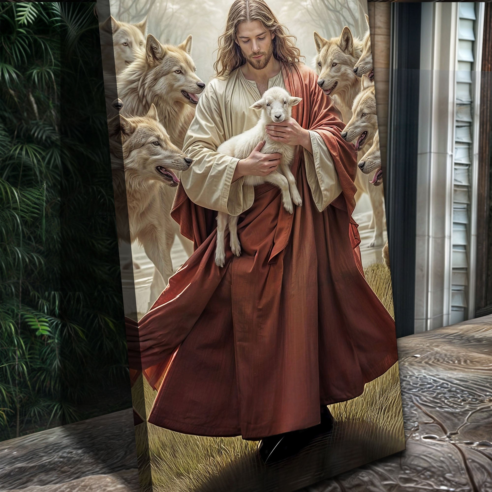 Faith wall art canvas close view of Jesus holding a white lamb with wolves