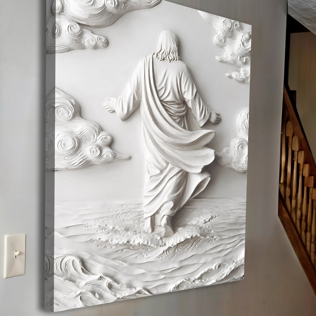 3D minimalist Jesus walking on water wall art close-up, white raised relief details