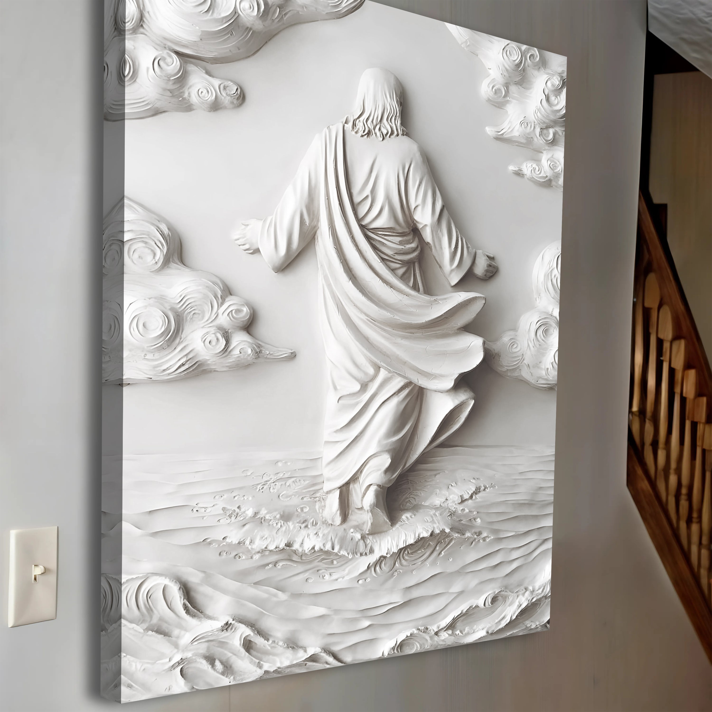 3D minimalist Jesus walking on water wall art close-up, white raised relief details