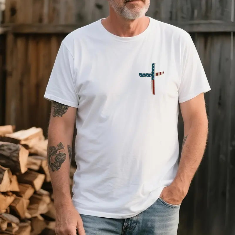 White graphic T-shirt with cross flag emblem on chest