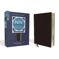 Large-print NIV Study Bible in black bonded leather cover, side view