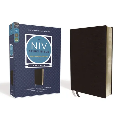 Large-print NIV Study Bible in black bonded leather cover, side view