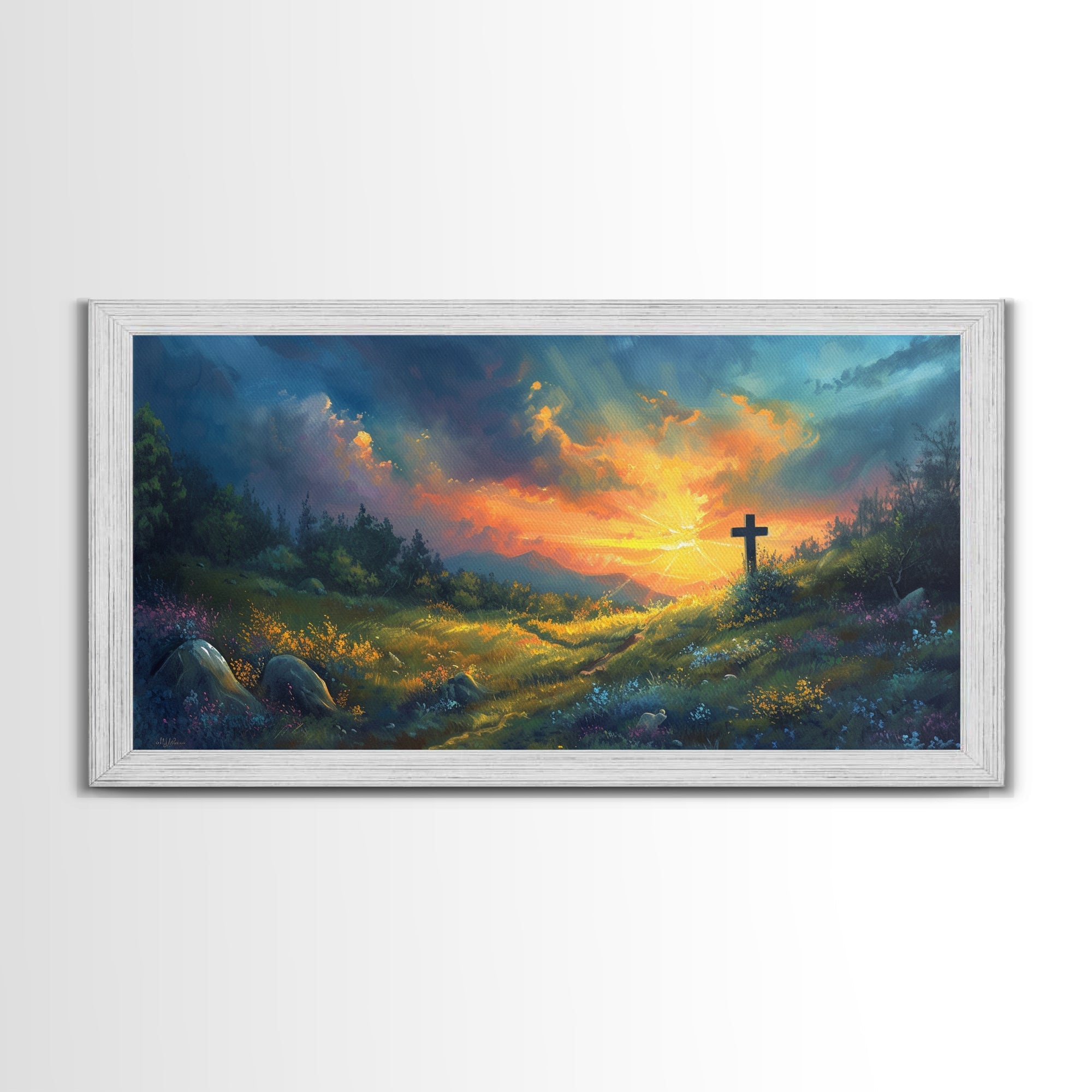 Christian framed canvas wall art with a dark cross over a glowing sunset valley