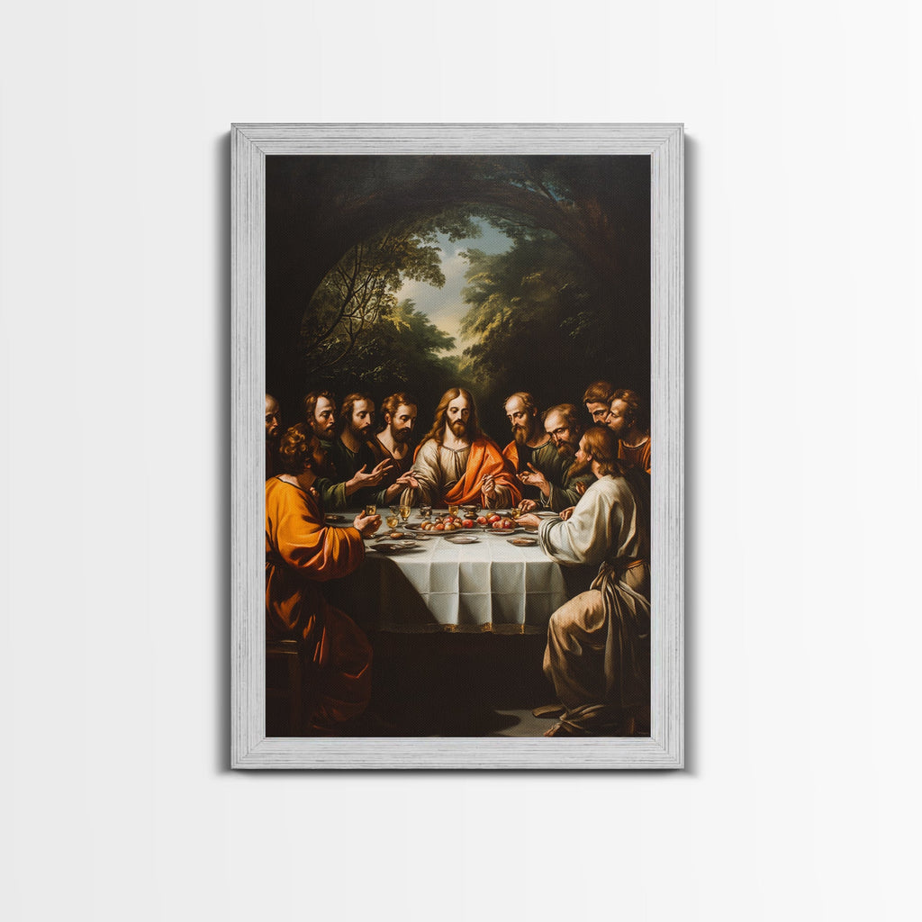 Framed canvas wall art of the Last Supper with dark woodland backdrop and seated figures