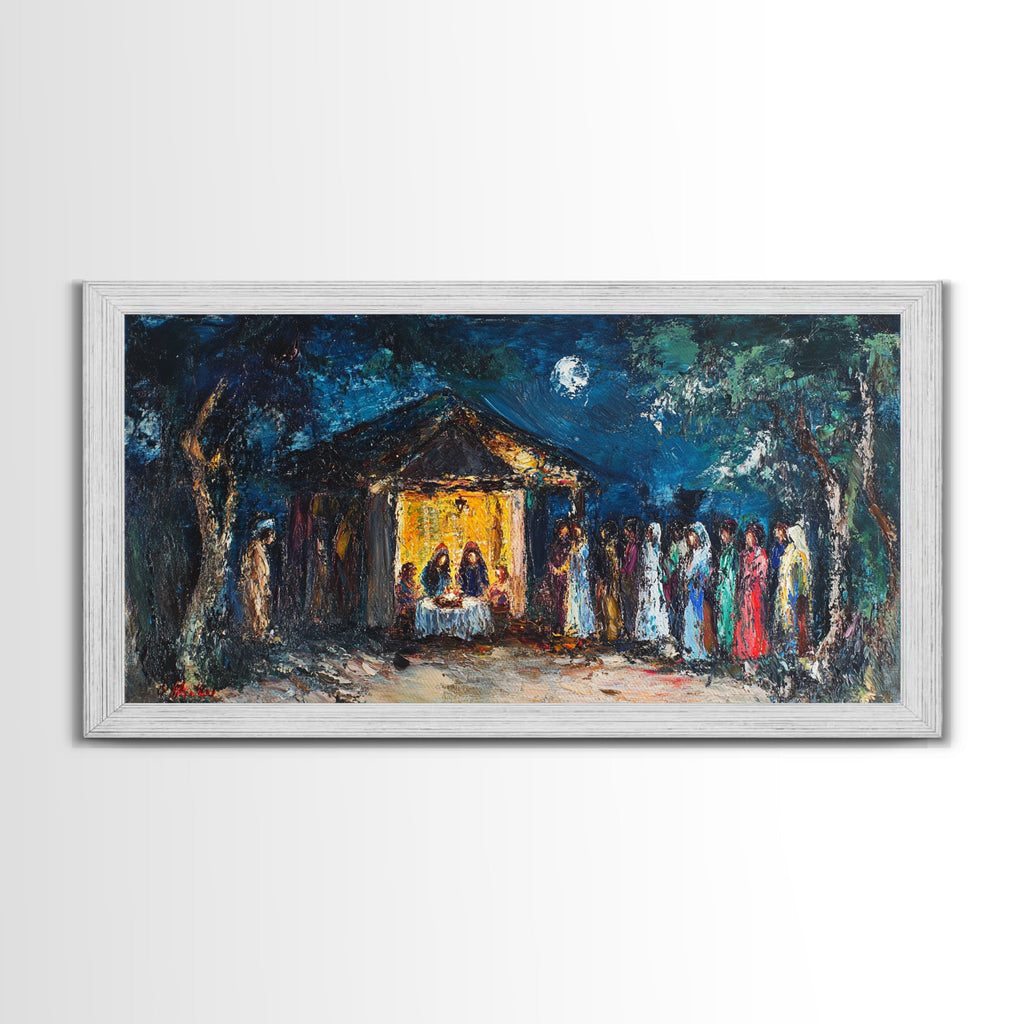 Framed canvas print with light frame; blue sky, yellow chapel, and multicolor figures