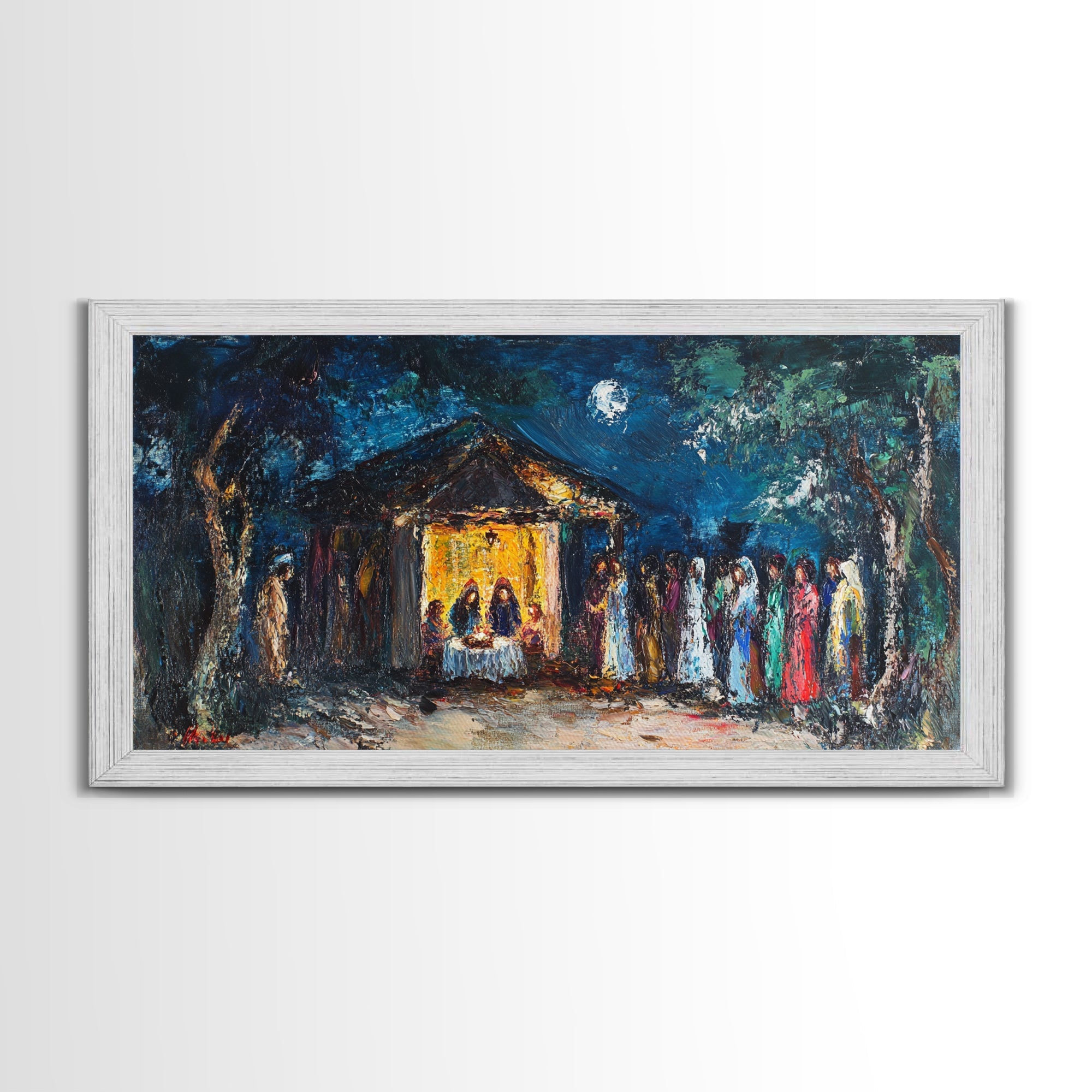 Framed canvas print with light frame; blue sky, yellow chapel, and multicolor figures