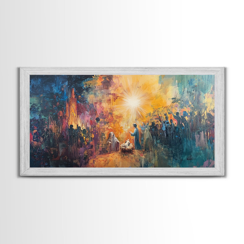 Nativity canvas print in gray frame with bright star light and standing figures in a city