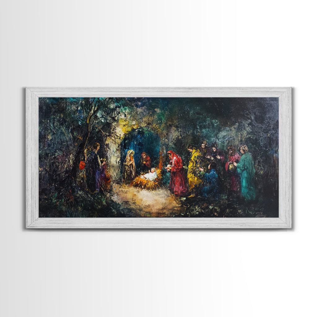 White framed abstract nativity canvas print with a central bright figure and surrounding crowd