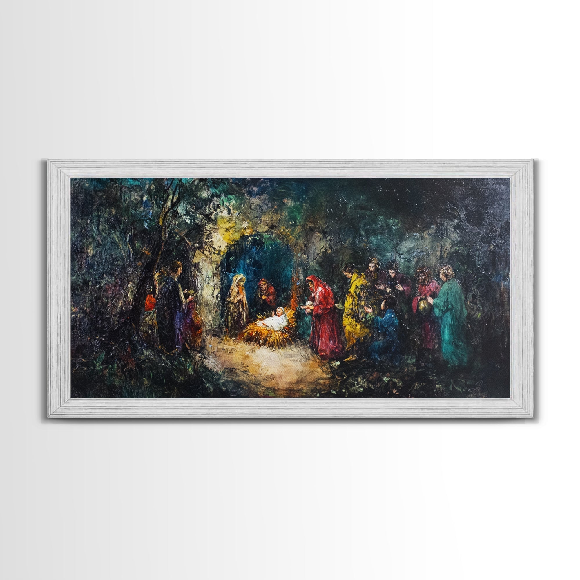 White framed abstract nativity canvas print with a central bright figure and surrounding crowd