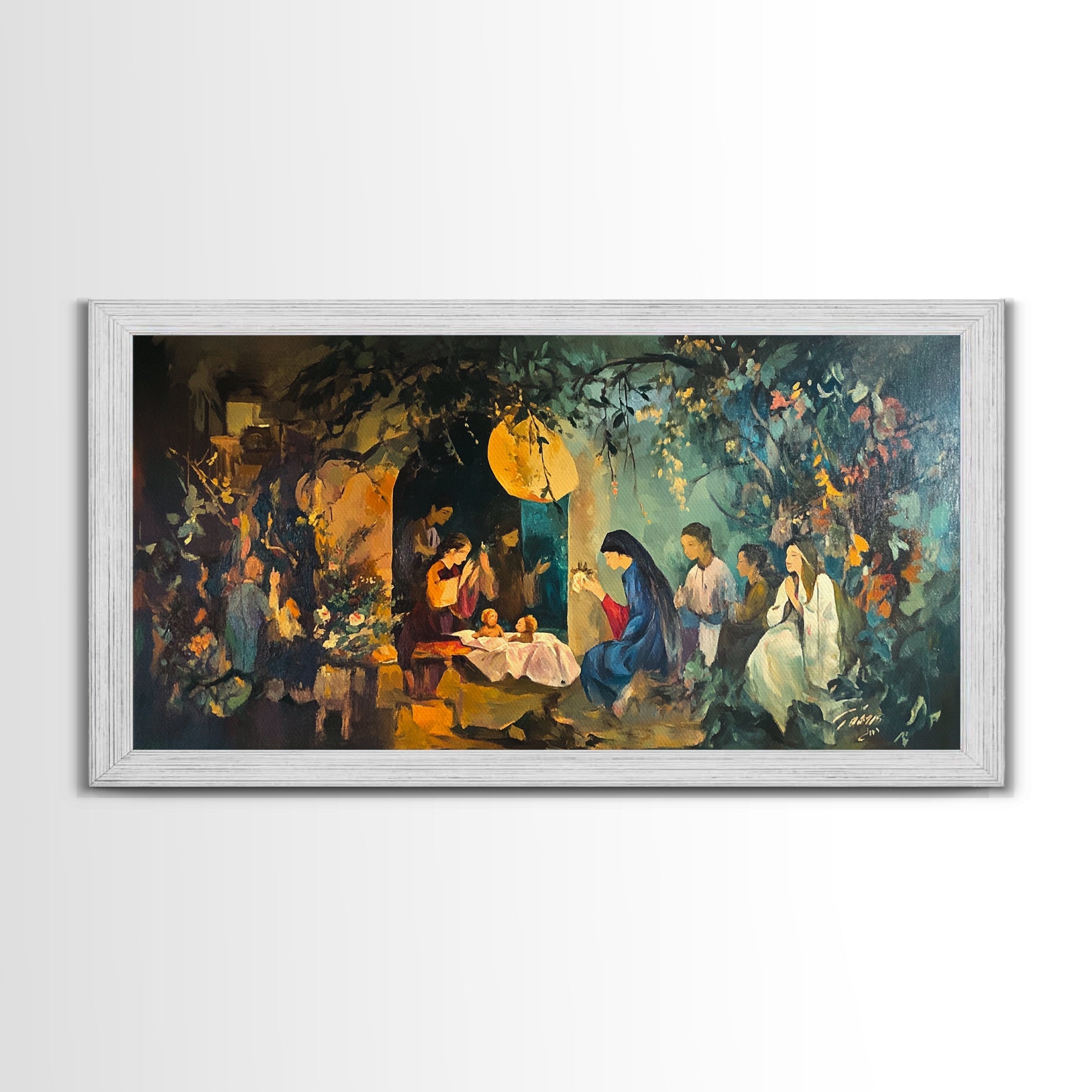 Nativity canvas wall art in white frame, glowing angel over manger and seated Mary