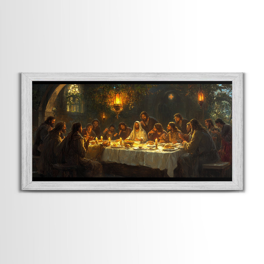 Framed canvas print of The Last Supper, light gray frame, candlelit table scene
